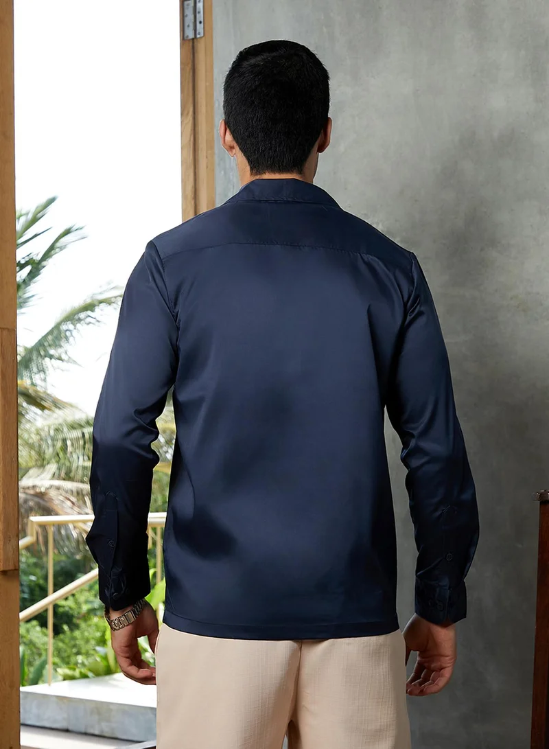 Campus Sutra Campus Sutra Men's Prussian Blue Solid Cuban Shirt For Casual Wear | Cuban Collar | Long Cuffed Sleeves | Button Closure | Shirt Crafted With Comfort Fit For Everyday Wear