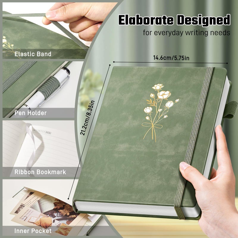 Ovesmusl Journal for Girls Women Journals for Writing 100GSM A5 Leather Notebook for Girls Ages 8-12 College Ruled 192 Pages Flower Diary with Heart-Shaped Shadow 8.3" x 5.7", Green - Image 3