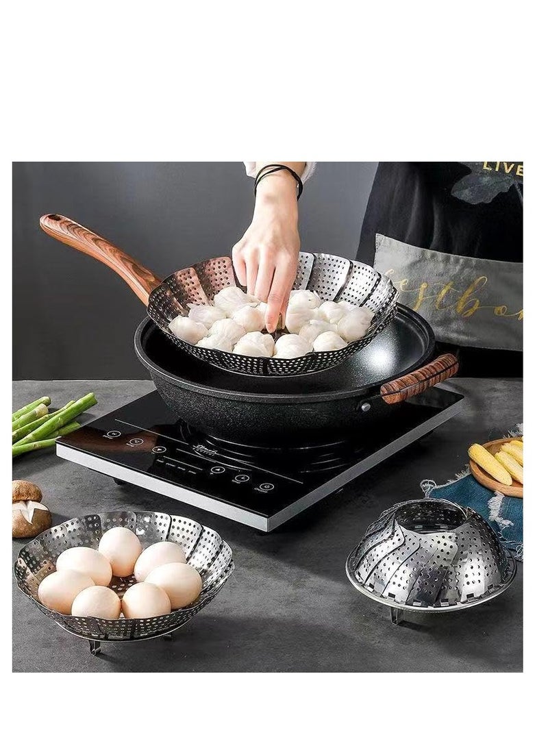 بلان A مصفاة بخارية قابلة للتعديل لتناسب مختلف الأواني سلة بخار معدنية من الفولاذ المقاوم للصدأ، سلال بخار قابلة للطي لطهي الطعام، قابلة للتوسيع تناسب مختلف الأحجام (فضي, متوسط) - Image 4