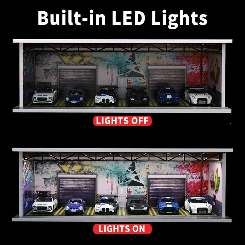 G-FANS 1/64 Scale Hot die-cast Wheels Model car scenarios Display case with LED Light and Acrylic Cover, Scenes Parking lot Diorama Storage Garage Box with 6 Parking Spaces (JDM) - Image 3