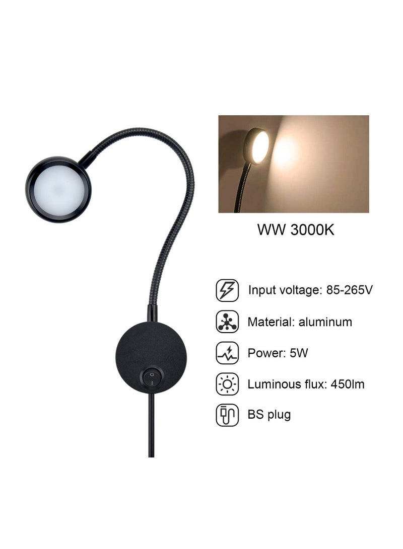 Y&D Flexible Gooseneck LED Wall Reading Light, 5W Warm White Light with 3000K Plug & Switch for Bedroom, Office, Studio, Hotel [Energy Class A+]  - Image 3