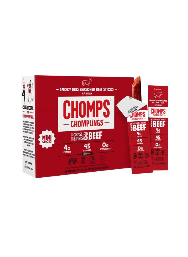 CHOMPS عصا وجبات خفيفة من لحم البقر المدخن BBQ من الأبقار التي تتغذى على العشب 0.5 أونصة 24 عبوة - كيتو، باليو، Whole30، 4 جرام بروتين لحم خالي، خالي من الغلوتين، طعام خالي من السكر، غير معدّل وراثيًا - Image 1