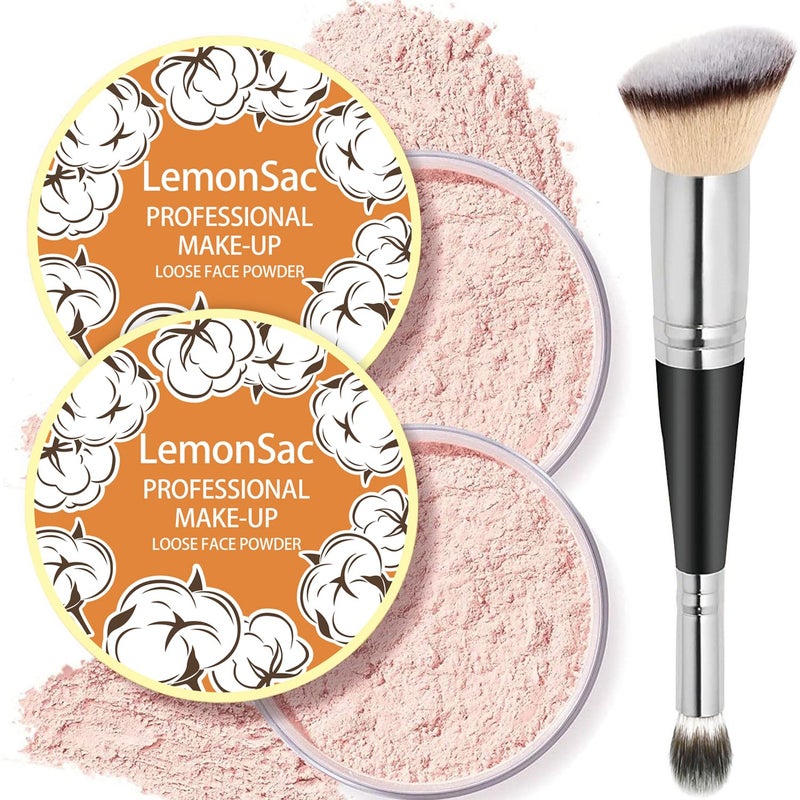2PCS Loose Face Powder Oil Control Minimizes Pores and Fine Lines Loose Baking Face Setting Powder Makeup Oil Control Soft Focus Effect Make Up Matte Ultra Flawless Finish8g 02 Pink Complexion