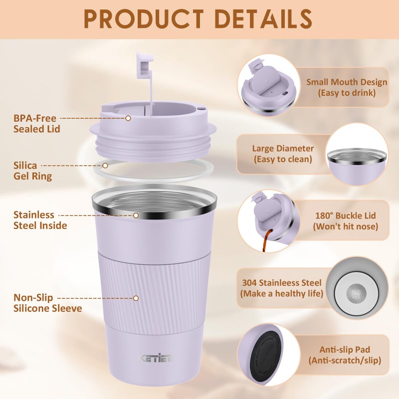 KETIEE Travel Mug 12oz: Insulated Coffee Mug with Leakproof Lid, Travel Coffee Mug Vacuum Stainless Steel Double Walled Reusable Coffee Cup for Hot and Iced Coffee Tea Water (Purple) - Image 3