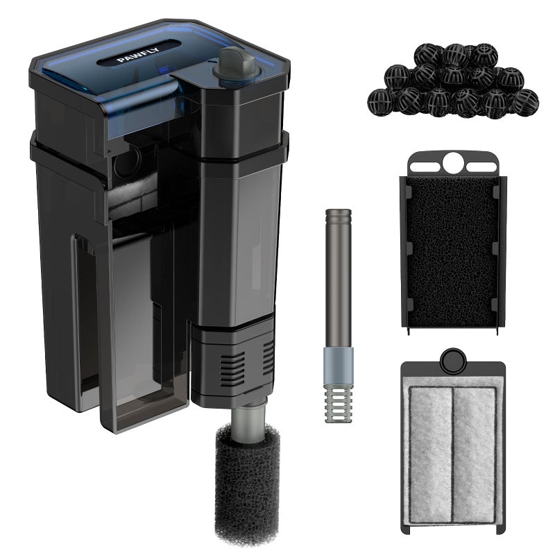 Pawfly 3 W Aquarium Filter, 15 Gallon Fish Tank Filter, 60 GPH Hang on Back Aquarium Filter with Adjustable Water Flow, Sponge, Bio Balls & Extendable Intake Tube, Ultra Quiet HOB Filter - Image 1