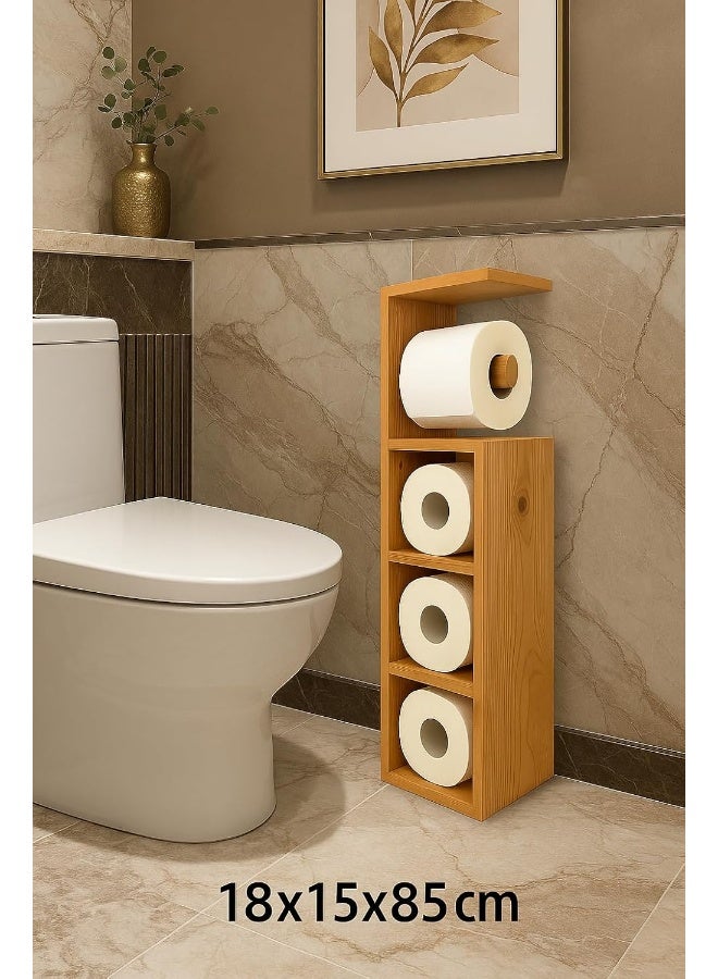 Horoof Home Horoof Home® Wooden Toilet Paper Holder Stand – Freestanding Bathroom Tissue Organizer, 4-Roll Storage Rack, Compact Space-Saving Design, 85cm Height, Brown, SM452 - Image 4