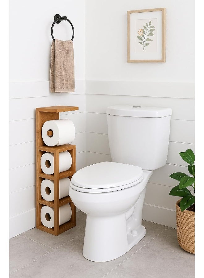 Horoof Home Horoof Home® Wooden Toilet Paper Holder Stand – Freestanding Bathroom Tissue Organizer, 4-Roll Storage Rack, Compact Space-Saving Design, 85cm Height, Brown, SM452 - Image 3