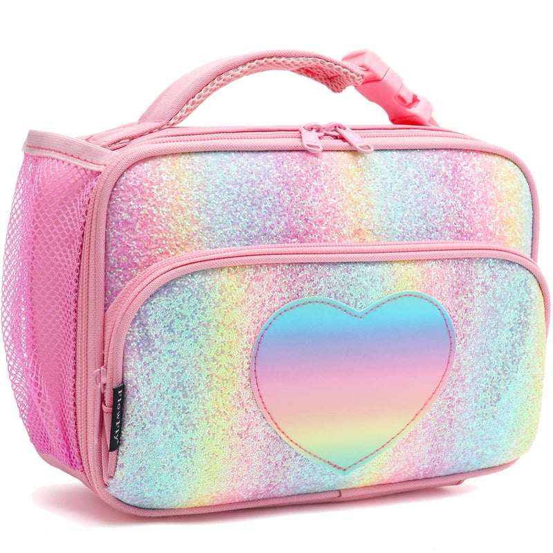 FlowFly Kids Lunch box Insulated Soft Bag Mini Cooler Back to School Thermal Meal Tote Kit for Girls BoysGlitterRainBow