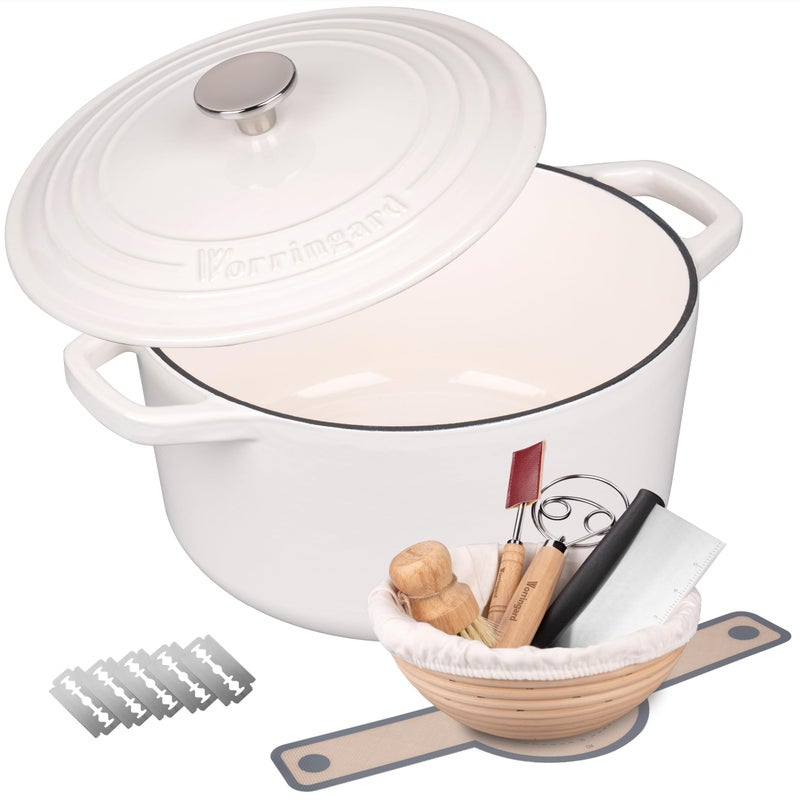 VORRINGARD Enameled Cast Iron Dutch Oven Pot with Lid, for Bread Baking, Round Bread Oven- include Sourdough Bread Baking Supplies Set, 4.5QT, White - Image 1