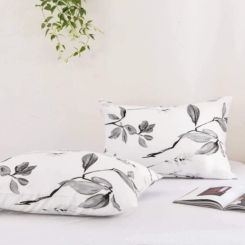 Nanko Queen Size Duvet Cover Set, White and Grey Floral Leaf Luxury Microfiber Down Comforter Quilt Cover with Zipper, Ties - Modern Farmhouse Bedding for Men Women Bed 3 Piece - 90 x 90, Gray Flowers - Image 5