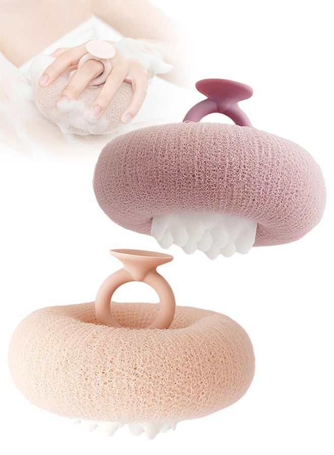 2 Pack Apricot Purple 2026 Upgraded 2 in 1 Super Soft Sunflower Suction Cup Bath Ball Exfoliating Bath Sponge Cleaning Brush Mesh Pouf for Women Men Home Bathroom Daily Shower Use - Image 1