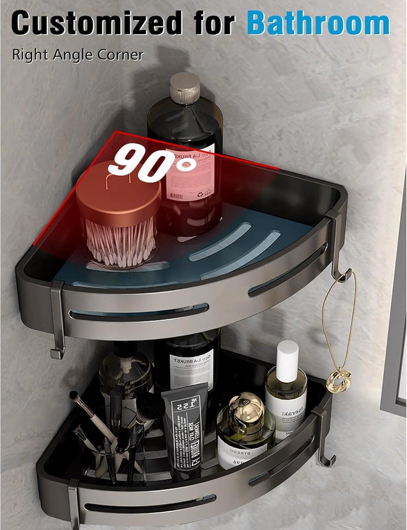RECLUSE 2 Pcs Triangle Bathroom Shower Corner Shelf Rustproof No Drilling Required Aluminum Wall Mounted Shower Organiser Adhesive with Hooks for Bathroom Accessories, Kitchen Organizer (Black) - Image 2