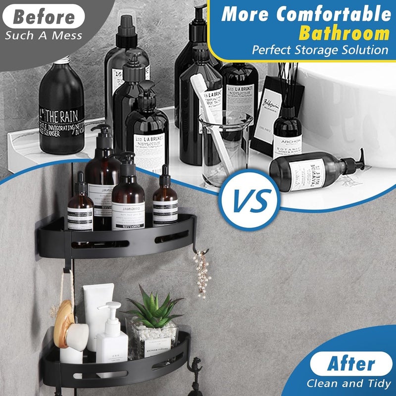 RECLUSE 2 Pcs Triangle Bathroom Shower Corner Shelf Rustproof No Drilling Required Aluminum Wall Mounted Shower Organiser Adhesive with Hooks for Bathroom Accessories, Kitchen Organizer (Black) - Image 3