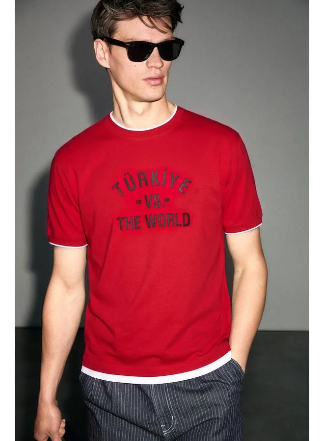 GRIMELANGE SALUR Men's 100% Organic Cotton Red T-Shirt with Contrast Trim, Special World Cup Print.