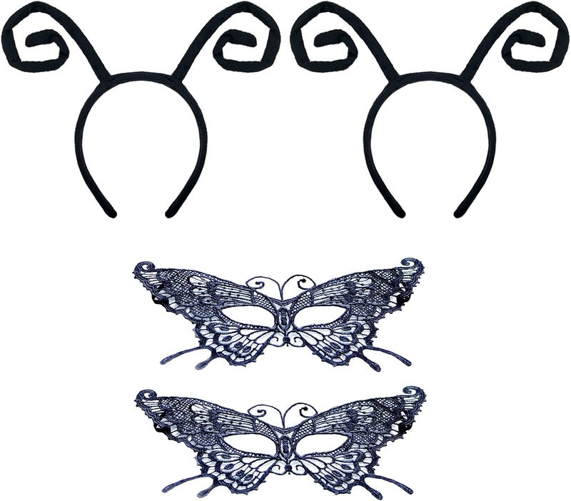 YAXAMING YAXAMING 4 Pcs Halloween Butterfly Antenna Headband Lace Mask Black Hair Hoops Masquerade Mask Animal Headpiece Hairband Hair Bands Women Cosplay Festival Parade Dress Up Birthday Party Accessories 