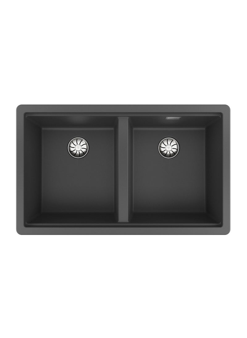 TEKA Tegranite+ Sink with Two Bowls, 2-in-1 Installation Options: Top or Undermount, 3½” PerfectFlow Manual Waste Basket with Siphon and HelixPro Waste Basket, 200 mm Deep Bowls Radea R10 2B 750 Dark Grey - Image 1