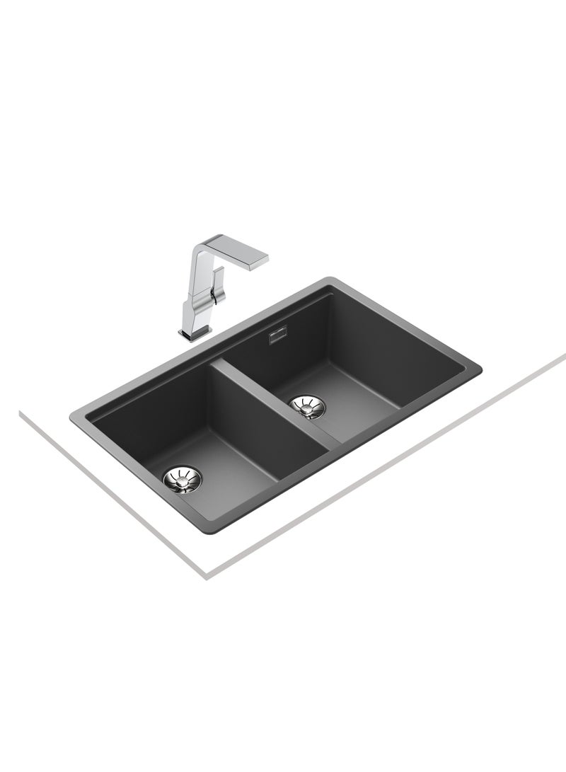 TEKA Tegranite+ Sink with Two Bowls, 2-in-1 Installation Options: Top or Undermount, 3½” PerfectFlow Manual Waste Basket with Siphon and HelixPro Waste Basket, 200 mm Deep Bowls Radea R10 2B 750 Dark Grey - Image 2