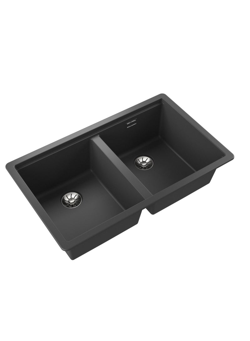 TEKA Tegranite+ Sink with Two Bowls, 2-in-1 Installation Options: Top or Undermount, 3½” PerfectFlow Manual Waste Basket with Siphon and HelixPro Waste Basket, 200 mm Deep Bowls Radea R10 2B 750 Dark Grey - Image 3