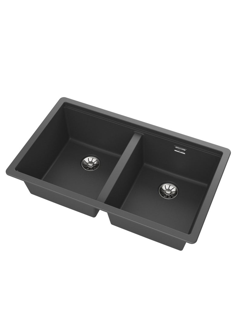 TEKA Tegranite+ Sink with Two Bowls, 2-in-1 Installation Options: Top or Undermount, 3½” PerfectFlow Manual Waste Basket with Siphon and HelixPro Waste Basket, 200 mm Deep Bowls Radea R10 2B 750 Dark Grey - Image 4
