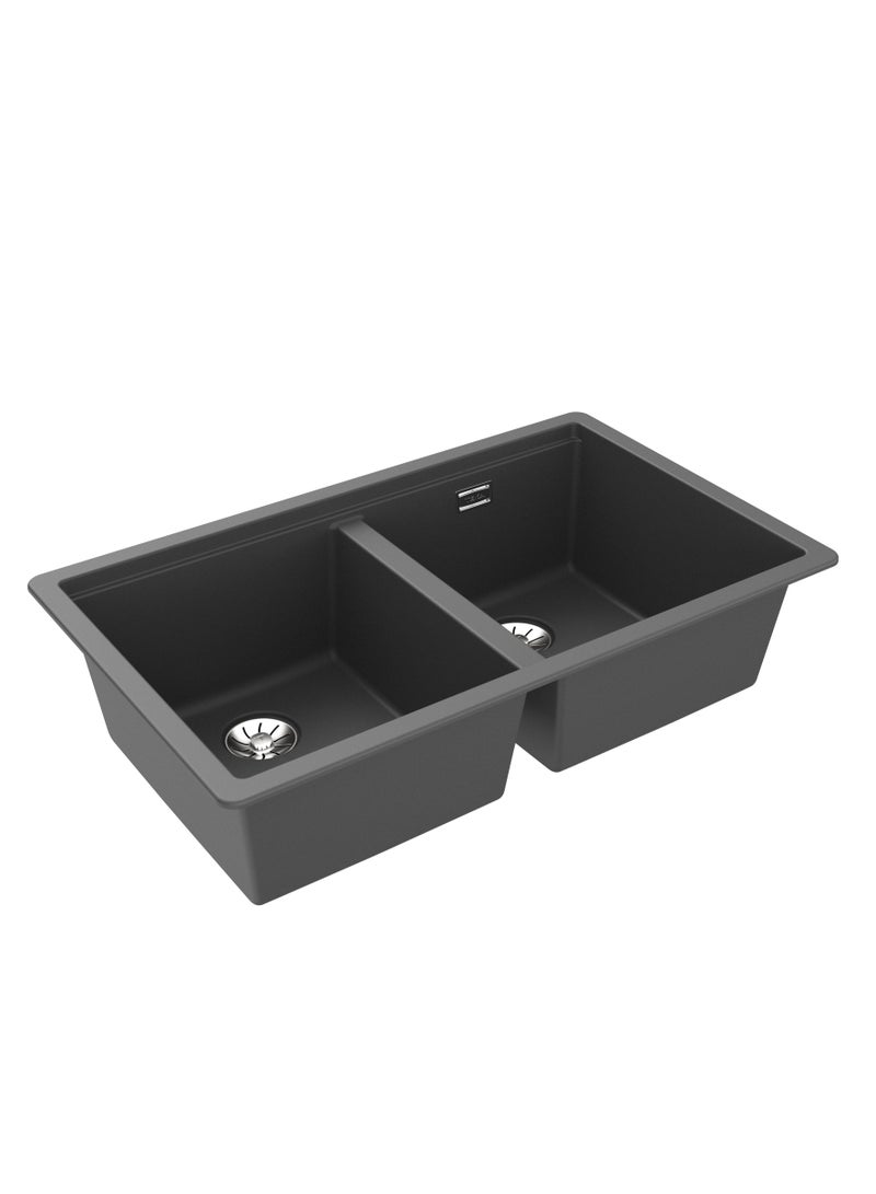 TEKA Tegranite+ Sink with Two Bowls, 2-in-1 Installation Options: Top or Undermount, 3½” PerfectFlow Manual Waste Basket with Siphon and HelixPro Waste Basket, 200 mm Deep Bowls Radea R10 2B 750 Dark Grey - Image 5