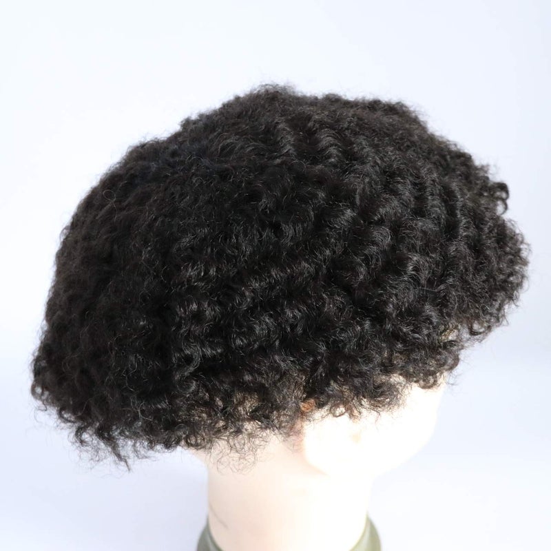 Mens Afro Curly Toupee Mans Wigs PU Cap Male Black Wigs 1B Off Black Hair Extensions 360 man weave hair unit for Men 100 Human Hair Kinky Curl men wave Hairpiece 8x10inch