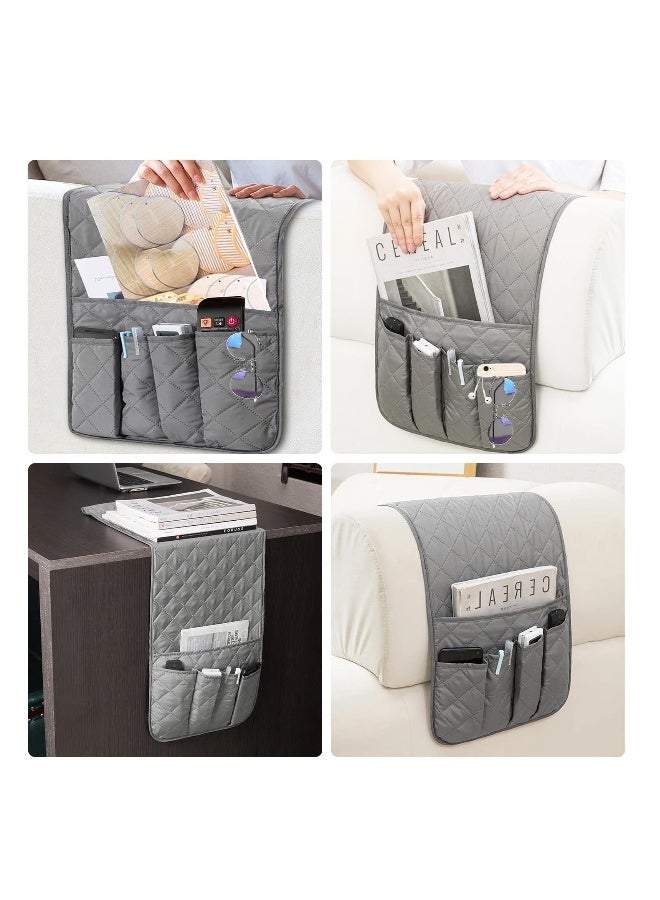 Sofa Remote Control Holder, Grey Arm Chair Tidy Organisers, Armchair Caddy Non-Slip Bedside Sofa Caddy Hanging Soft Armrest Organiser with 5 Pockets for Tablet Cellphone, Magazines Book, Glasses 