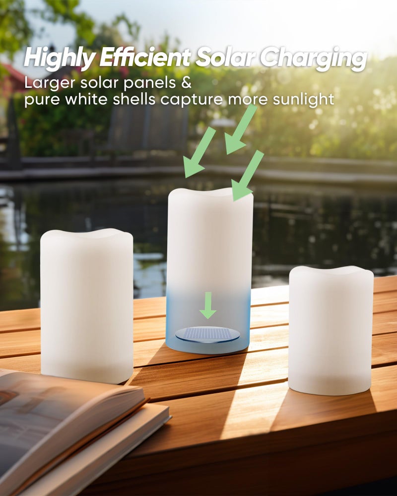 Homemory Solar Powered Candles Outdoor Waterproof, Flickering Glow, Rechargeable Candles, Solar Powered Candles for Outside, Lanterns, Sensor Only, Dusk to Dawn, Set of 3 - Image 4