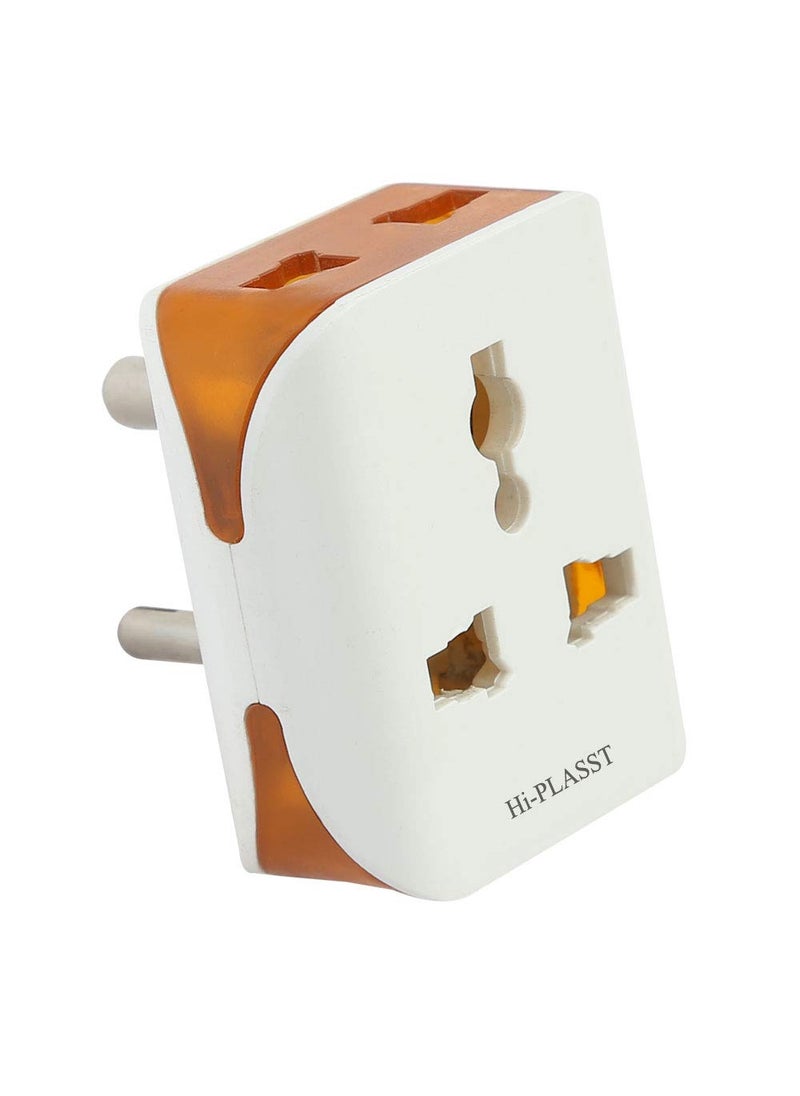 HI PLASST PINS N PLUGS HiPlasst Pack of 2 Universal 3Pin Multi Plug with Type D Socket 2X 2Pin 1x 3Pin Outlets USUKEU to India Travel Converter Plug 6A for International Devices White Orange  - Image 2