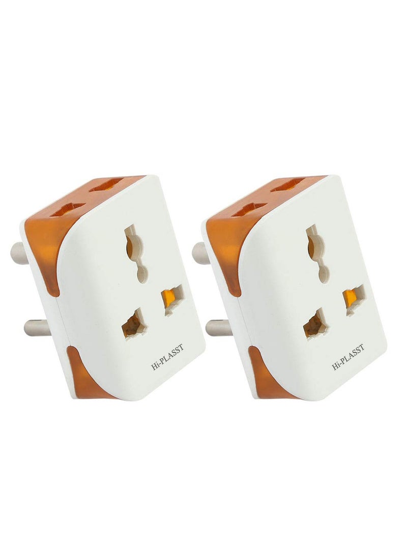 HI PLASST PINS N PLUGS HiPlasst Pack of 2 Universal 3Pin Multi Plug with Type D Socket 2X 2Pin 1x 3Pin Outlets USUKEU to India Travel Converter Plug 6A for International Devices White Orange  - Image 1