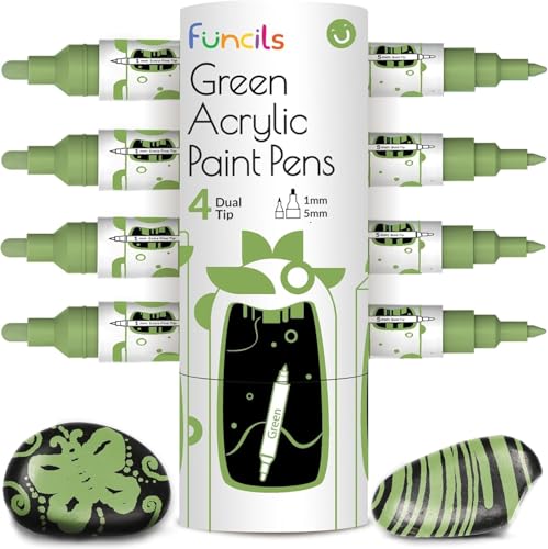 Funcils 4 Dual Tip Green Paint Pen Metallic - Fine Tip & Medium Acrylic Paint Markers - Green Marker for Metal, Wood, Rock Painting, Canvas, Ceramic, Glass, Fabric, Leaf and Plastic - Water-based Ink - Image 1