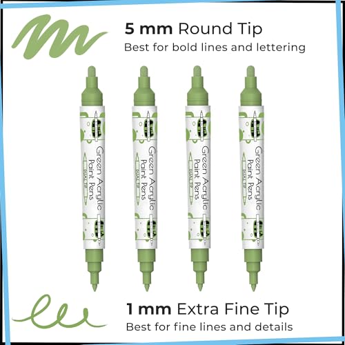 Funcils 4 Dual Tip Green Paint Pen Metallic - Fine Tip & Medium Acrylic Paint Markers - Green Marker for Metal, Wood, Rock Painting, Canvas, Ceramic, Glass, Fabric, Leaf and Plastic - Water-based Ink - Image 2