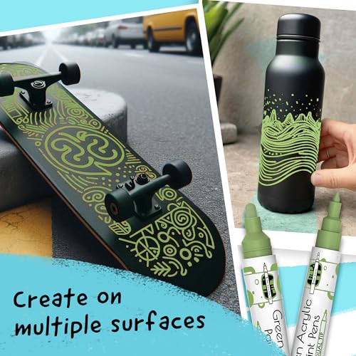 Funcils 4 Dual Tip Green Paint Pen Metallic - Fine Tip & Medium Acrylic Paint Markers - Green Marker for Metal, Wood, Rock Painting, Canvas, Ceramic, Glass, Fabric, Leaf and Plastic - Water-based Ink - Image 5