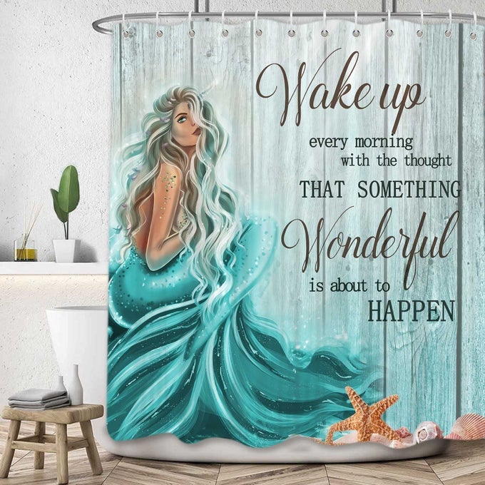 TEAL MERMAID SHOWER CURTAIN MERMAID TAIL QUOTE INSPIRATIONAL FABRIC SHOWER CURTAINS SET FOR LITTLE GIRLS WOMEN BATHROOM NAUTICAL OCEAN THEME RESTROOM DECOR ACCESSORIES WITH HOOKS 72X72INCHES