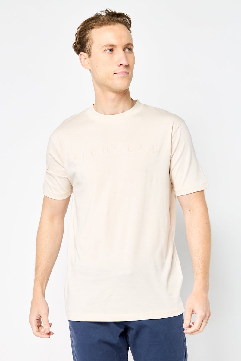 JOHN RICHMOND Men Crew Neck Short Sleeve Brand Logo T Shirt, Beige - Image 1