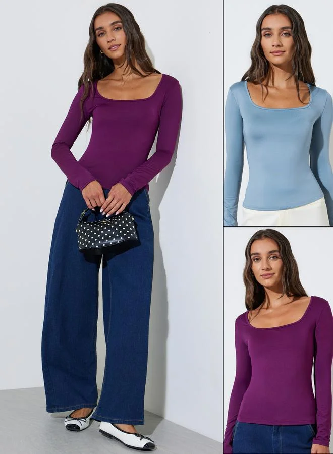 ستايلي Pack of 2 - Square Neck Long Sleeve Knit Top