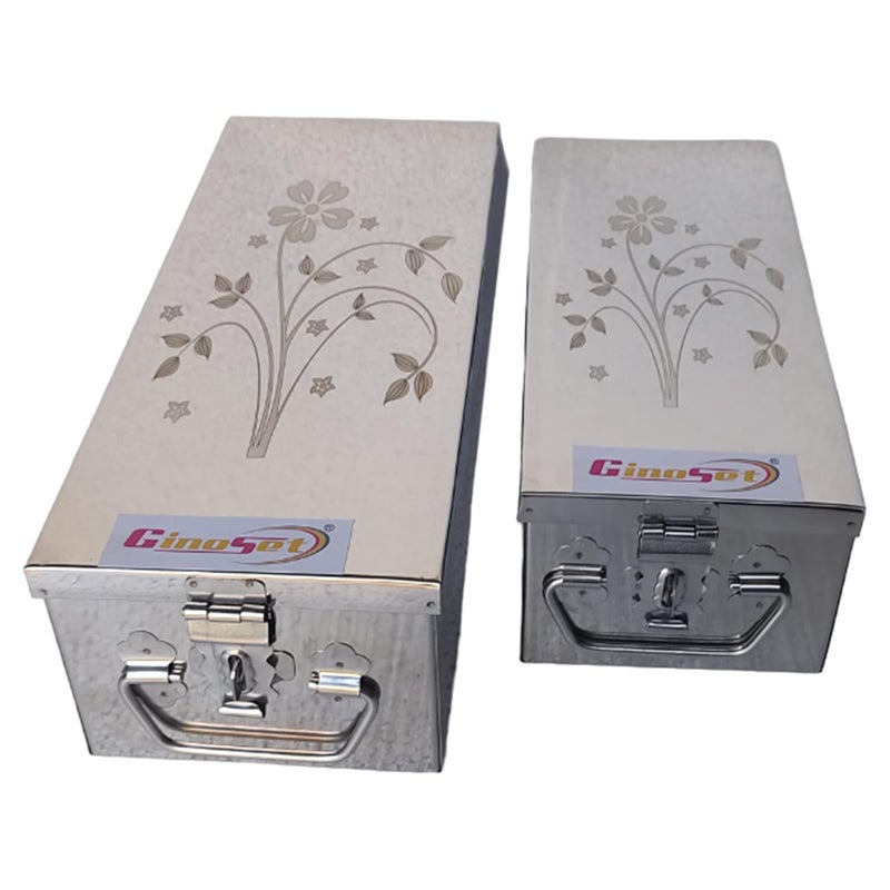 GinoSet Stainless Steel Locker Boxes Jewellery Boxes Cash Peti Set (Multi_Pack of 2) Size - 8 Inch, 10 Inch With Laser Printed Design (Steel) - Image 1