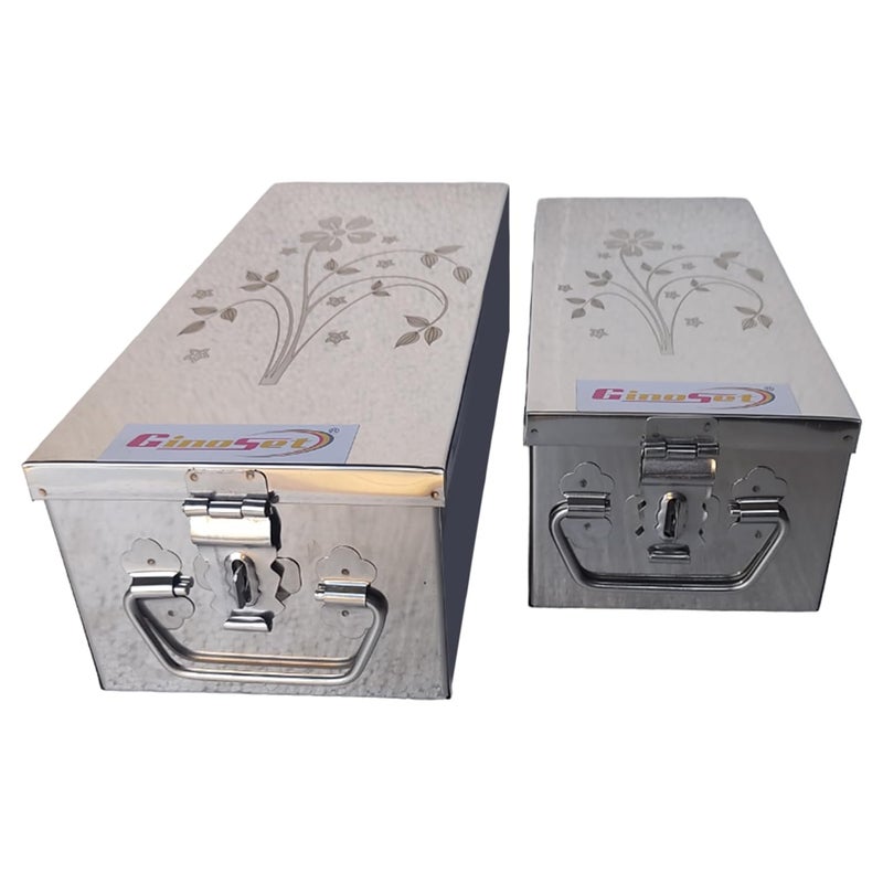 GinoSet Stainless Steel Locker Boxes Jewellery Boxes Cash Peti Set (Multi_Pack of 2) Size - 8 Inch, 10 Inch With Laser Printed Design (Steel) - Image 4