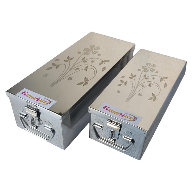 GinoSet Stainless Steel Locker Boxes Jewellery Boxes Cash Peti Set (Multi_Pack of 2) Size - 8 Inch, 10 Inch With Laser Printed Design (Steel) - Image 3