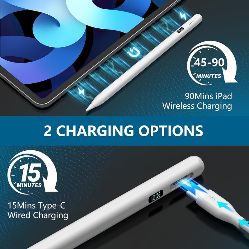 قلم للآيباد 2018-2026، قلم آيباد بشحن سريع عبر USB-C في 15 دقيقة مع شحن لاسلكي مغناطيسي، عرض LED للبطارية، مقاومة لمساحة اليد، حساسية الميل لآيباد برو وآير وميني من الجيل السادس إلى العاشر - Image 3