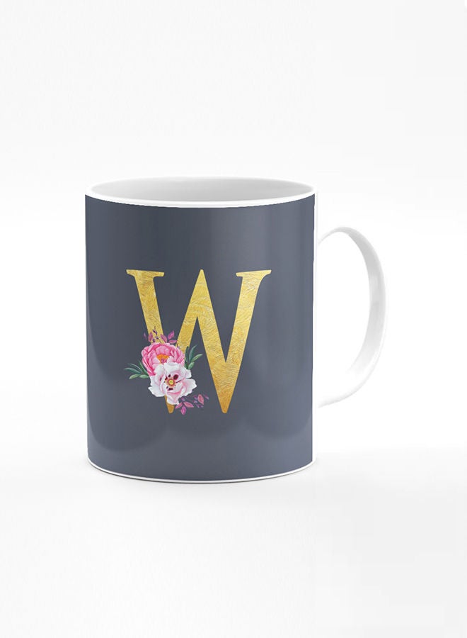 Stylizedd Stylizedd Designer Printed Coffee Mug 11oz Ceramic Personalised Gift Mugs Cup -Custom Monogram Initial Letter Floral Pattern Alphabet - W ( Bright Grey ) - Image 1