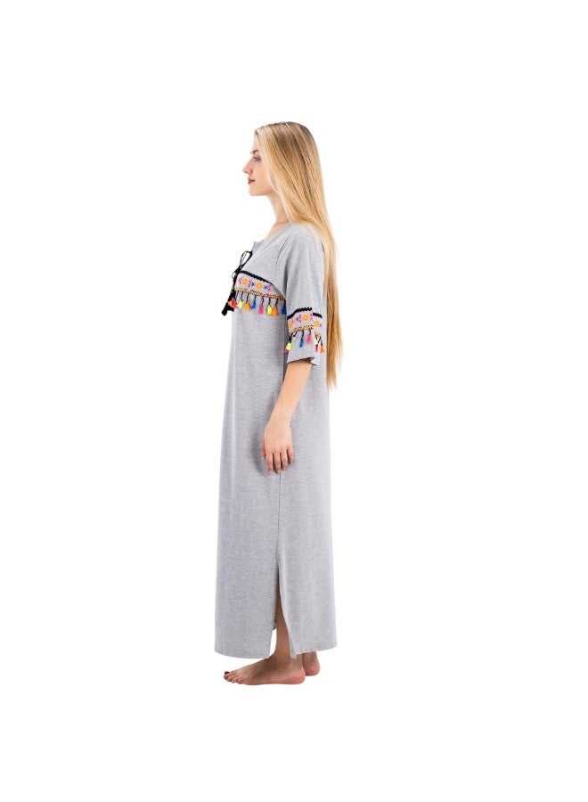 zecotex  Women's Maxi Cotton Home Dress - Grey Jalabiya with Colorful Embroidery and Tassel Detail. - Image 3