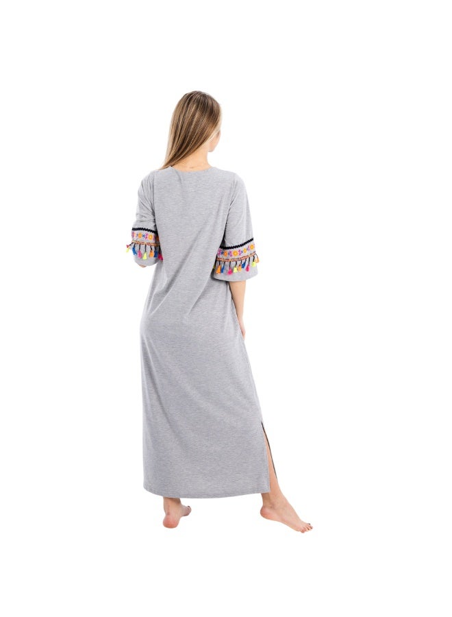 zecotex  Women's Maxi Cotton Home Dress - Grey Jalabiya with Colorful Embroidery and Tassel Detail. - Image 4