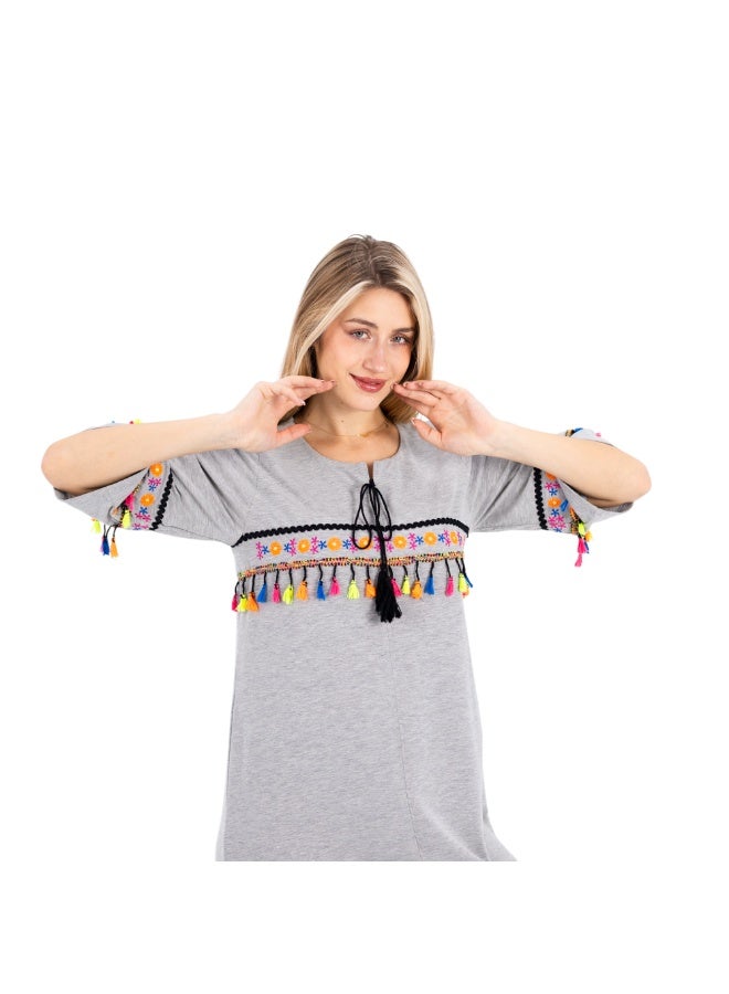 zecotex  Women's Maxi Cotton Home Dress - Grey Jalabiya with Colorful Embroidery and Tassel Detail. - Image 2