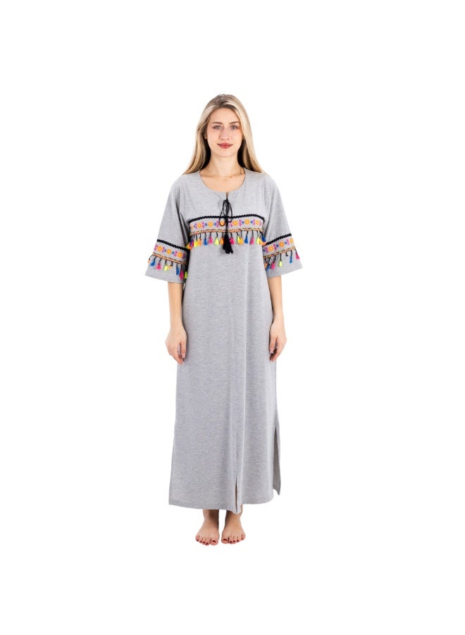 zecotex  Women's Maxi Cotton Home Dress - Grey Jalabiya with Colorful Embroidery and Tassel Detail. - Image 1