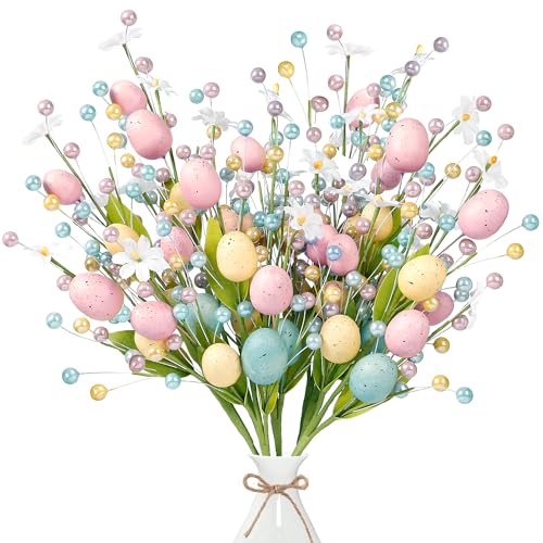 Sggvecsy Artificial Easter Stems 6 Pcs Spring Berry Picks with Eggs Colorful Berries Leaves Twig Branches Easter Sprays for Arrangement Centerpiece Celebration Home Vase Decor - Image 1
