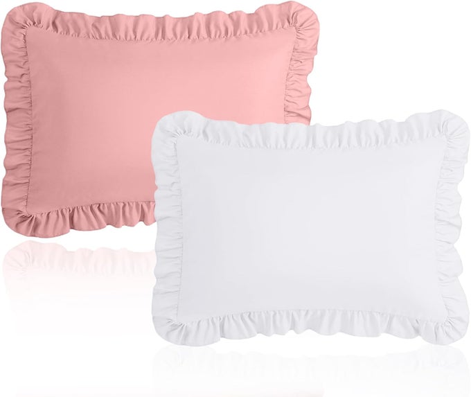 13X18 TODDLER PILLOW CASES SET OF 2 WHITE PINK RUFFLED PILLOW SHAMS BRUSHED MICROFIBER NURSERY PILLOW COVER FOR BOYS GIRLS SOFT BREATHABLE MACHINE WASHABLE