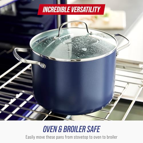 Blue Diamond 8QT Nonstick Stockpot with Glass Lid, PFAS-Free Ceramic, Multipurpose Cooking, Sauces & Soups, Pasta, Boiling & Canning Pot, Dishwasher & Oven Safe, Stainless Steel Handles, Navy - Image 2