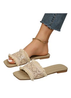 Rup Art Vacation Slide Sandals Women Geometric Pattern Fringe Decor Fabric Sandals for Ladies Vacation  - Image 1