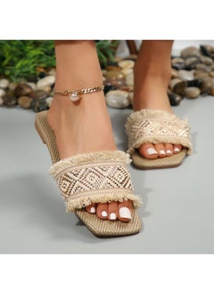 Rup Art Vacation Slide Sandals Women Geometric Pattern Fringe Decor Fabric Sandals for Ladies Vacation  - Image 2