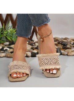 Rup Art Vacation Slide Sandals Women Geometric Pattern Fringe Decor Fabric Sandals for Ladies Vacation  - Image 3